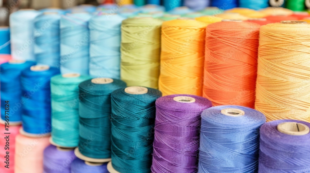 Poster a close-up view of a colorful array of thread spools, representing sewing and the textile industry's