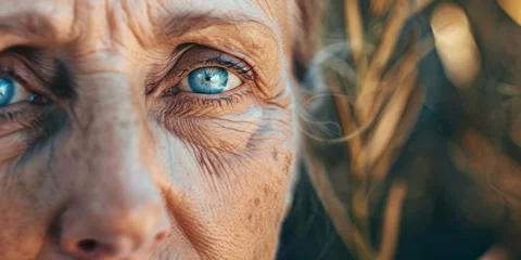 Fototapeten Detailed close-up of the aged skin and clear blue eye of an elderly woman. © tashechka