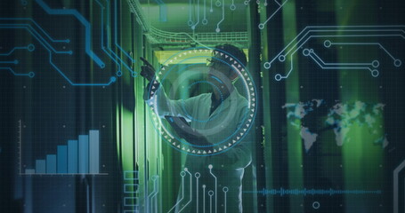 Image of data processing over asian male it engineer with tablet checking computer servers