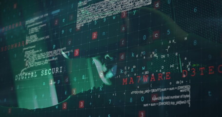 Image of cyber attack warning over asian male it engineer with vr headset by computer server