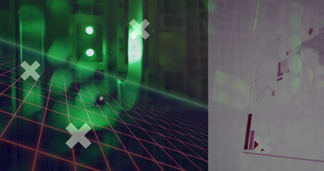 Image of data processing and statistics recording over green lights of computer servers