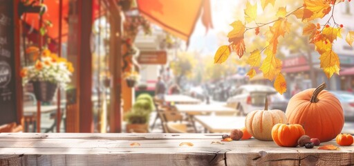 Fototapeta premium Vibrant autumn arrangement with pumpkins and leaves on a wooden table, with a blurred street background.