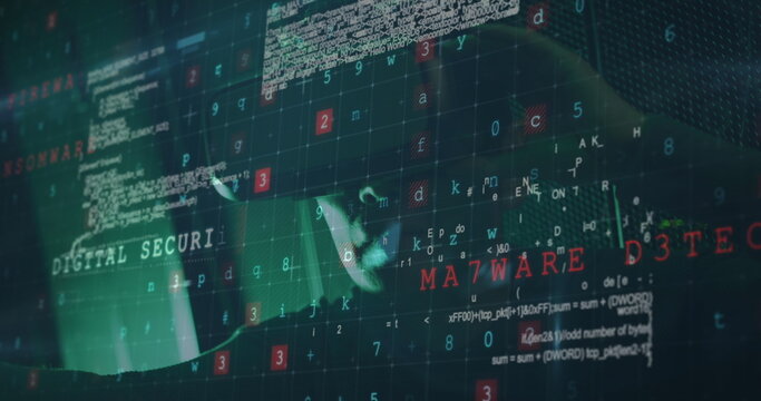 Image of cyber attack warning over asian male it engineer with vr headset by computer server