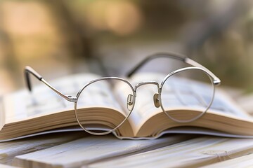 Round eyeglasses on an open book in soft light.