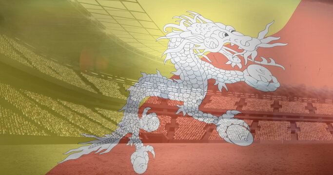 Image of flag of bhutan over sports stadium - Powered by Adobe
