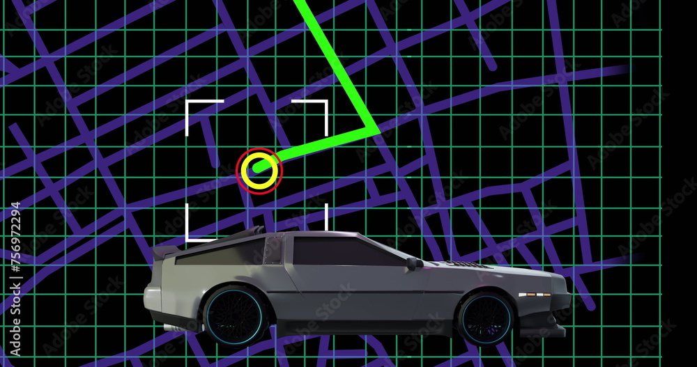Poster image of digital interface with map over car driving