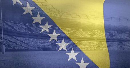 Fototapeta premium Image of flag of bosnia and herzegovina over sports stadium