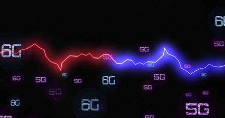 Image of network of 5g and 6g text over glowing light trails on black background