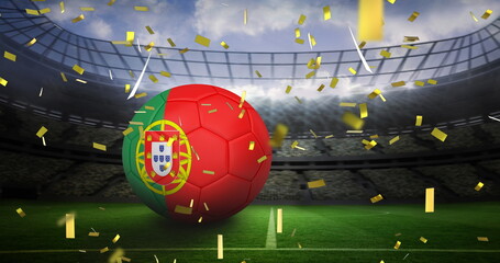 Image of flag of portugal over football on stadium