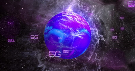Image of network of 5g text over globe and light trails