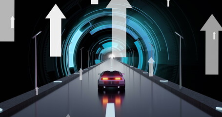 Fototapeta premium Image of digital interface with arrows over car driving