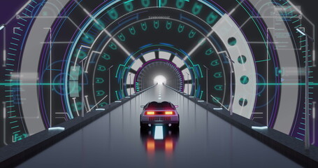 Naklejka premium Image of digital interface wth binary coding over image car driving