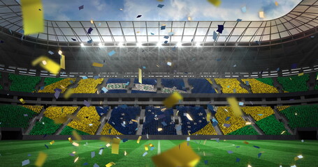 Obraz premium Image of flag of brazil over confetti on stadium