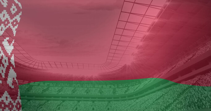 Naklejki Image of flag of belarus over sports stadium