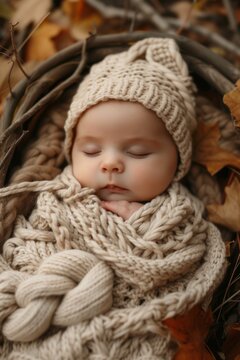 Professional Photography of a newborn wrapped in a cozy cable-knit blanket, Generative AI