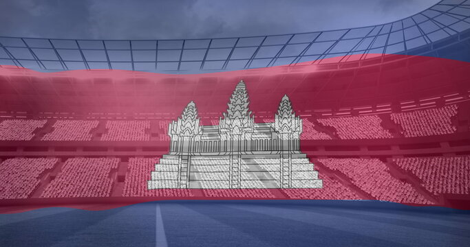 Naklejki Image of flag of cambodia over sports stadium