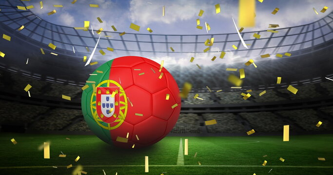 Naklejki Image of flag of portugal over football on stadium
