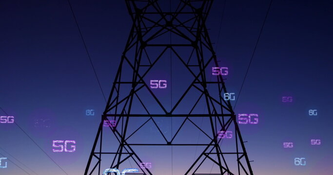 Image of network of 5g and 6g text over electric pylon - Powered by Adobe