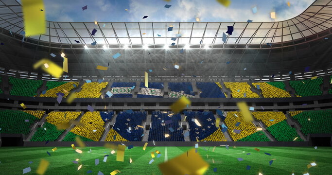 Naklejki Image of flag of brazil over confetti on stadium