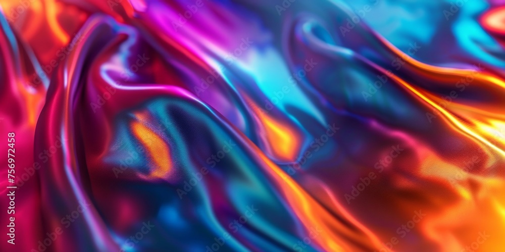 Poster close-up of a satin fabric with vibrant, multicolored abstract waves creating a fluid texture.