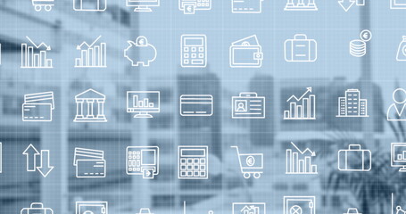 Image of network of connections with icons over cityscape