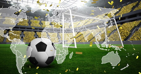 Image of falling gold confetti and football ball over world map