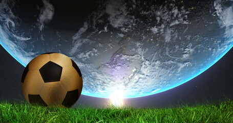 Image of spinning globe over football ball on grass