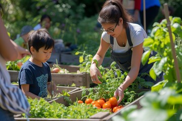 Fototapeta premium mother and son of Asian appearance are working in the garden. Harvesting tomatoes and other vegetables