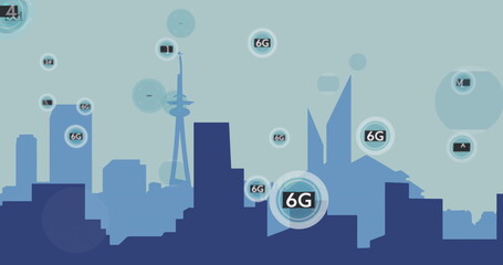 Image of network of 6g text over cityscape