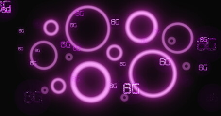 Image of network of 6g text over pink neon icons