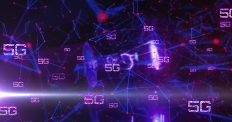 Image of network of 5g text over glowing connections