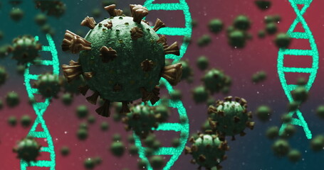 Image of 3D coronavirus Covid 19 cells spreading with rotating DNA strands