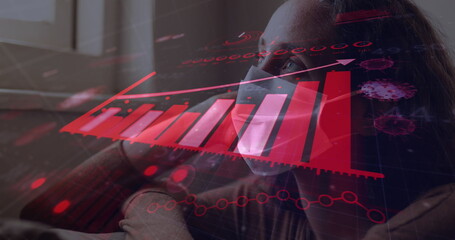 Digital image depicts woman in mask viewing graphs, symbolizing COVID-19 impact.