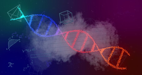Image of mathematical equations with rotating DNA strand on a blue and purple background