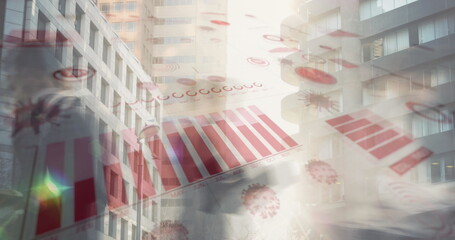 Image of digital interface with graphs and statistics over people walking on street