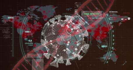 Digital image depicts 3D COVID-19 cell and DNA over a world map, symbolizing global pandemic.