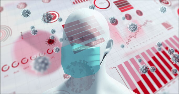 Image of digital interface with graphs, statistics and Covid 19 cells spreading over model of human  - Powered by Adobe