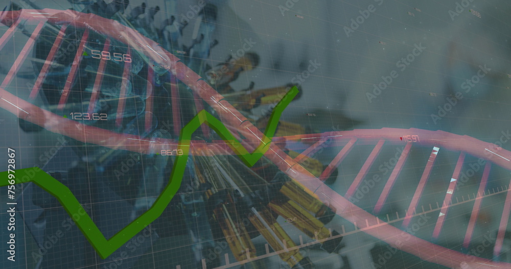 Poster image of digital interface graphs, statistics and rotating dna strands over spinning test tubes