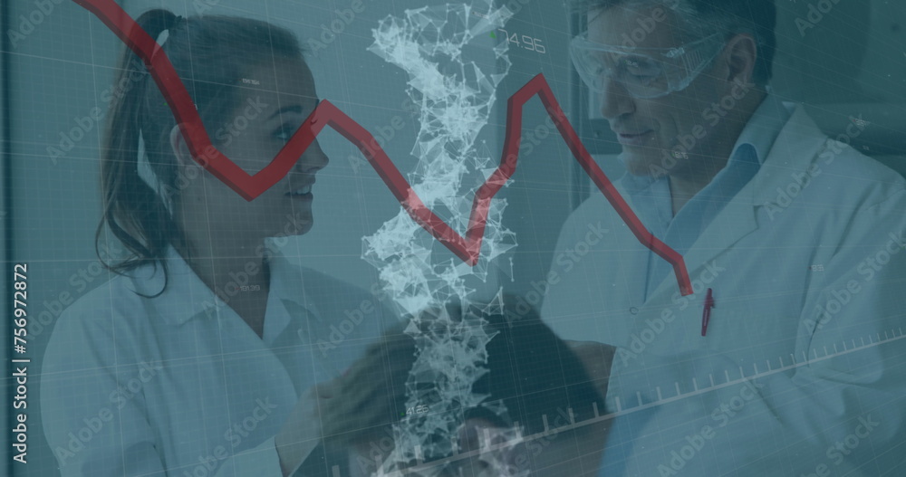 Poster image of rotating dna strand and data processing over scientists wearing lab coats working in a lab