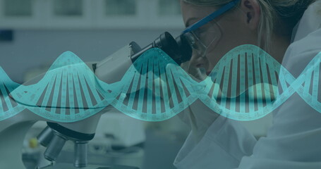 Image of rotating DNA strand over scientist wearing lab coat working in a lab