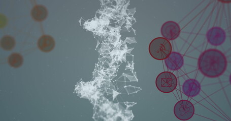 Image of rotating DNA strand and network of connecting icons floating on white background