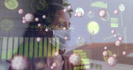 Digital image depicts global COVID-19 impact with graphs and masked woman.
