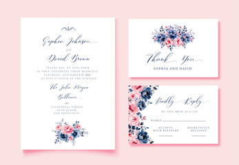 Watercolor Wedding invitation blue antique flowers, thank you and rsvp cards, vector template.