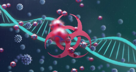 Fototapeta na wymiar Image of 3D coronavirus Covid 19 cells spreading with rotating DNA strand and a biohazard symbol