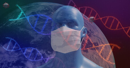 Image of rotating DNA strands, spinning globe and Covid 19 cells spreading over model of human head 