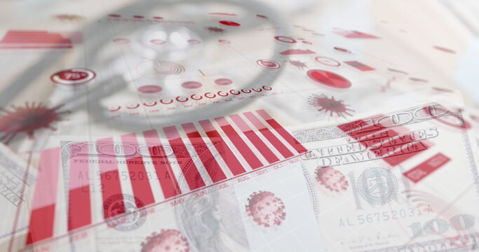 Image of digital interface with graphs, statistics and spinning coronavirus Covid 19 cells over bank