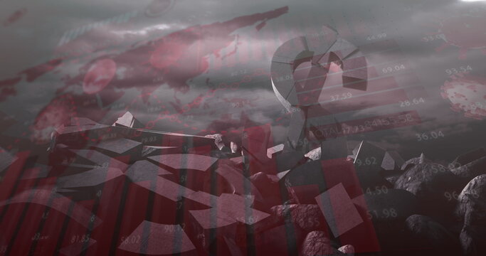 Image of digital interface coronavirus Covid 19 cells, graphs and statistics over dollar symbol