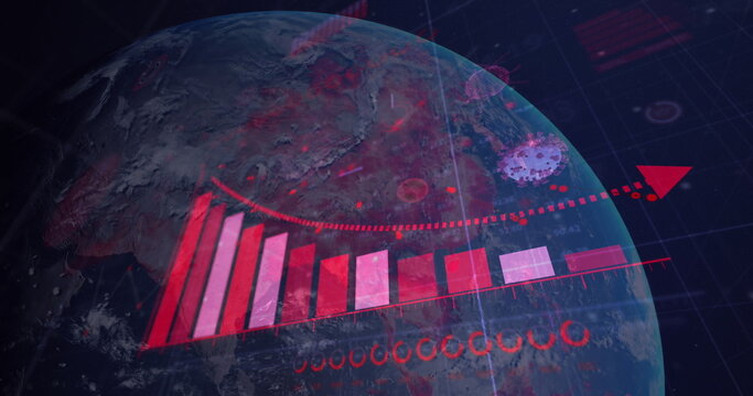 Image of digital interface with spinning globe, graphs and statistics on black background