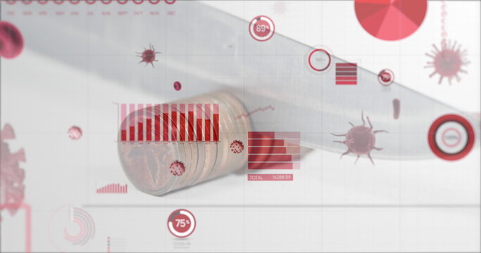 Image of digital interface graphs, statistics and coronavirus Covid 19 cells over knife cutting coin