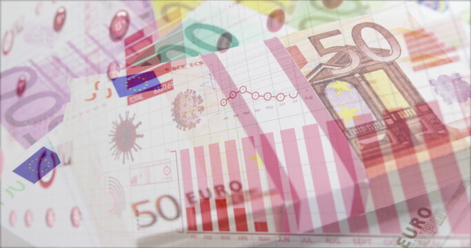 Image of digital interface with graphs, statistics and spinning coronavirus Covid 19 cells over bank